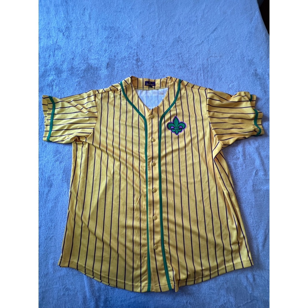 Mardi Gras Baseball Jersey Mens 2XL Yellow Pinstripe Jester Fleur De Lis 2025